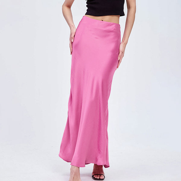 2024 autumn French temperament drape pink satin satin long dress, thin and elegant A-shaped skirt wholesale women's clothing