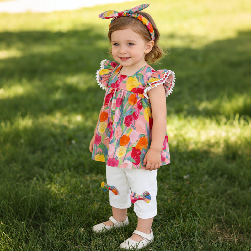 Girls' summer outfit set  new style: trendy kids' short-sleeve, shorts, and flutter-sleeve three-piece set - baby clothes, toddler clothing
