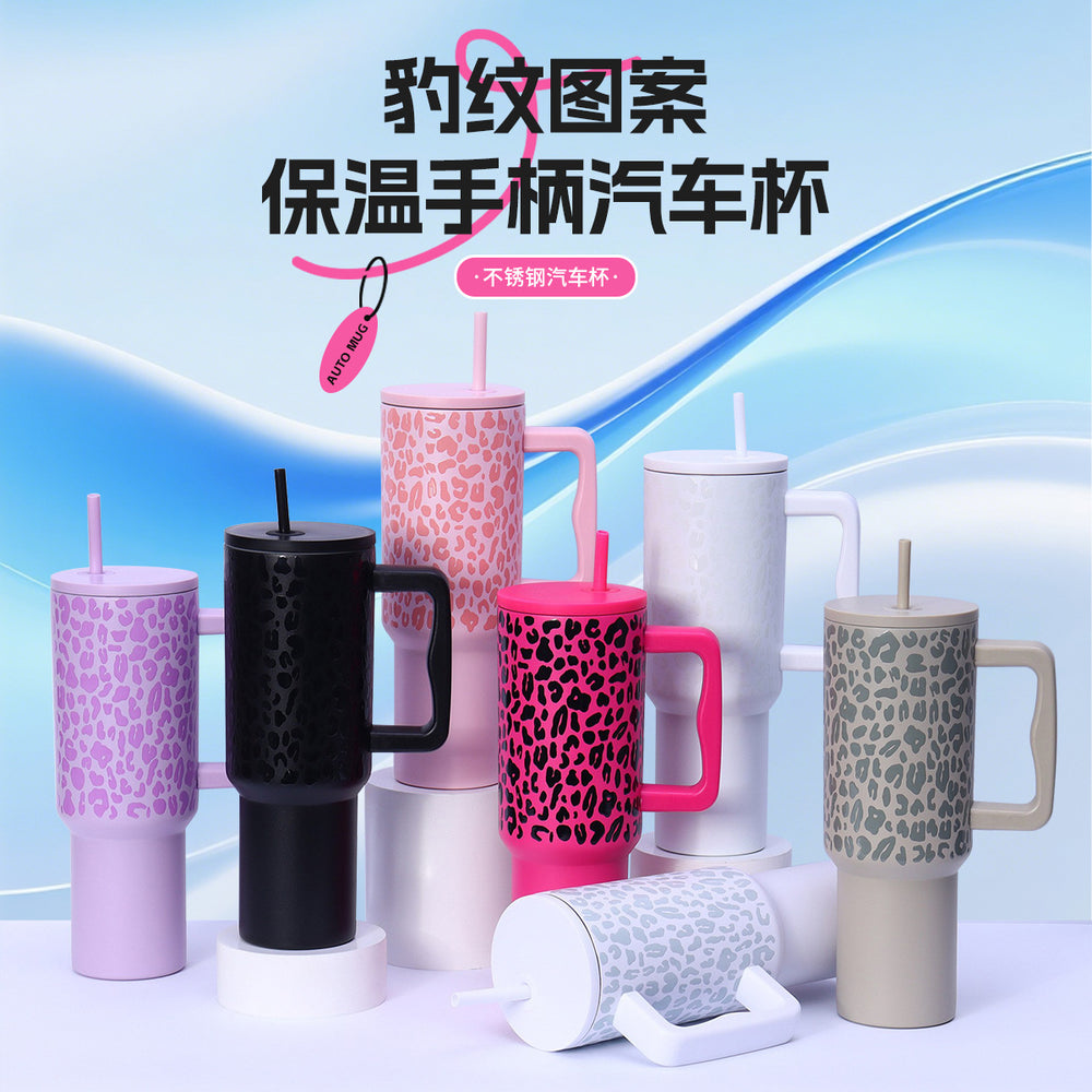 Amazon leopard print handle car cup 304 stainless steel vacuum insulated tumbler - large capacity portable cooler/insulated mug