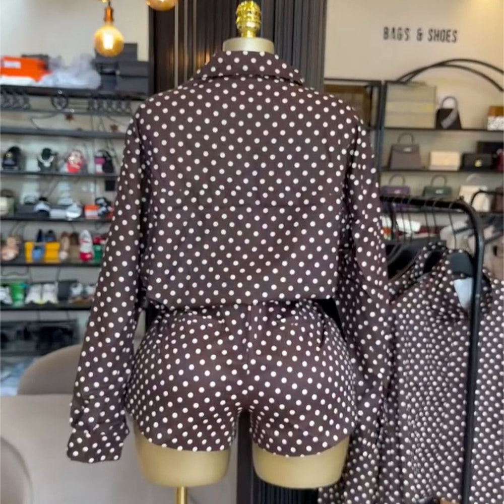 European and american cross-border women's clothing:  summer new collection - chic and sweet polka dot drawstring top and high-waisted shorts set