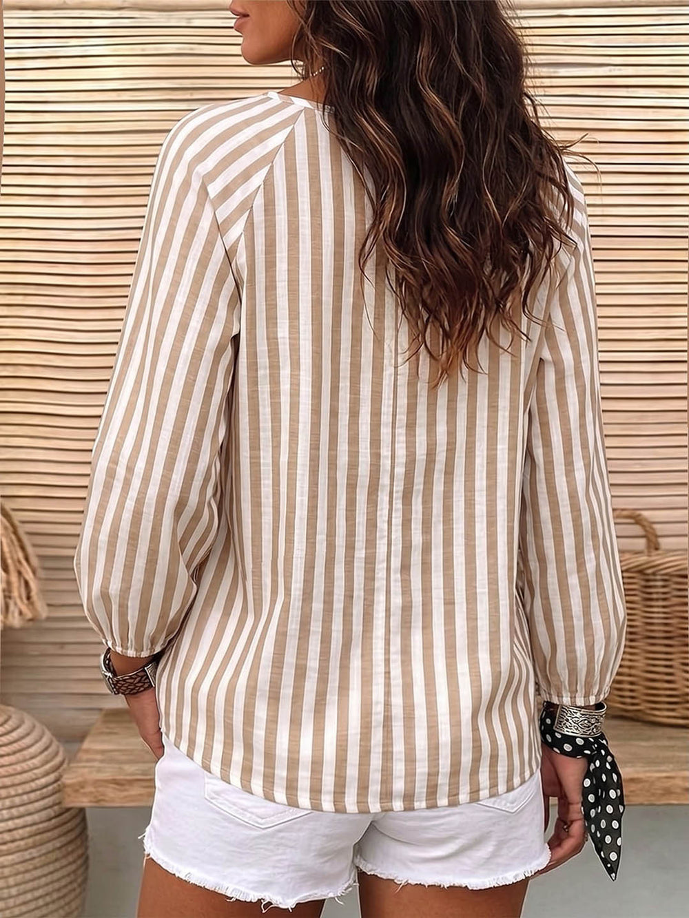 european and american striped babydoll top - round neck, raglan sleeves, lantern long sleeves, loose fit, ruffled hem - women's pullover - export quality