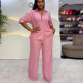 European and american style women's clothing  spring new collection: sweet and fresh turn-down collar single-breasted long sleeve blouse and high-waisted straight-leg pants two-piece set