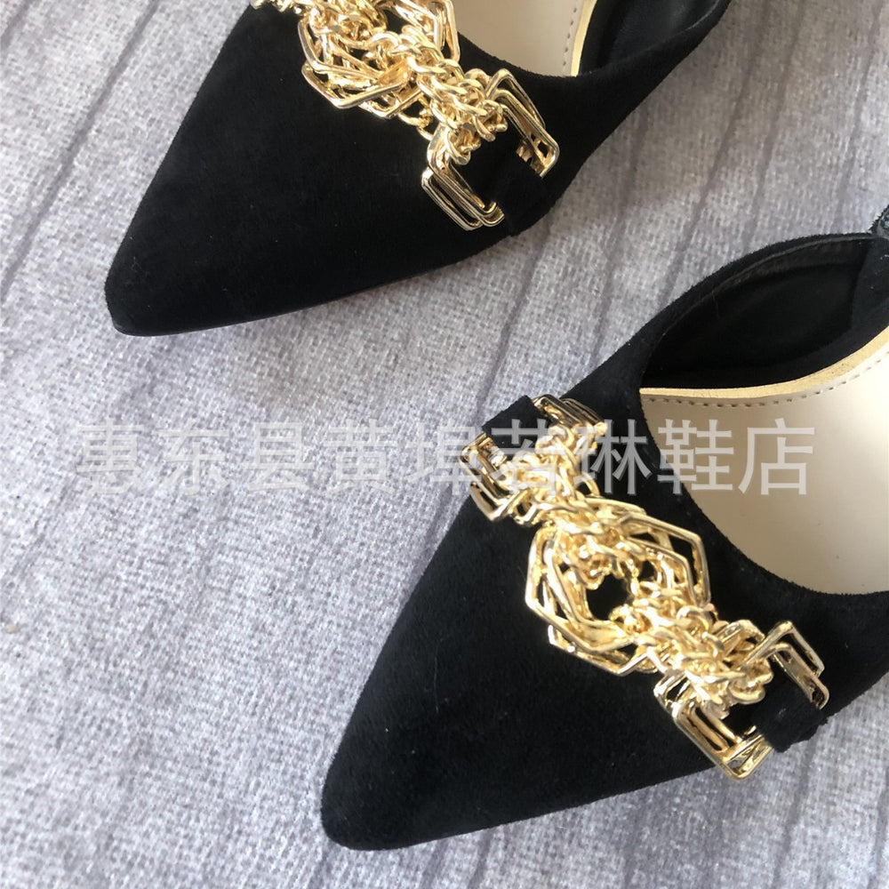 Z's new metallic buckle embellished suede pointed-toe stiletto sandals - stylish plus size women's black pumps