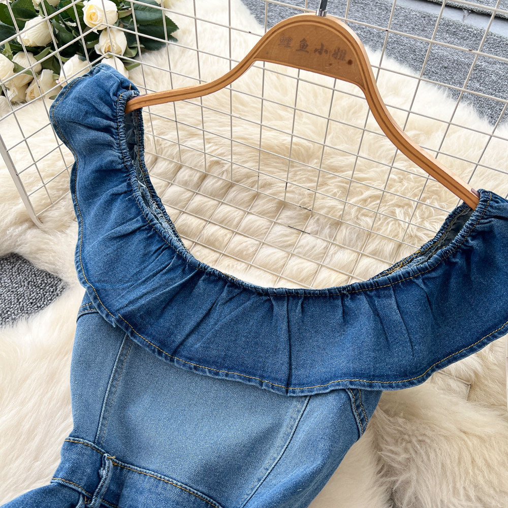 K-style silmslimming lookcasual denim dress women's summerruffle collar waist slimming looka-line long skirt work clothing