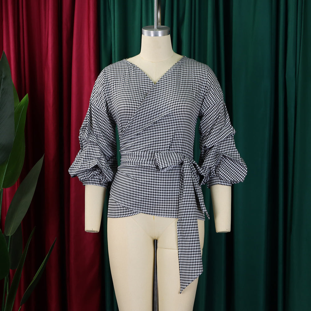 D3319export summer large size fashion v neck puff sleeve large bow decoration shirt plaid strap european and american tops