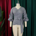 D3319export summer large size fashion v neck puff sleeve large bow decoration shirt plaid strap european and american tops