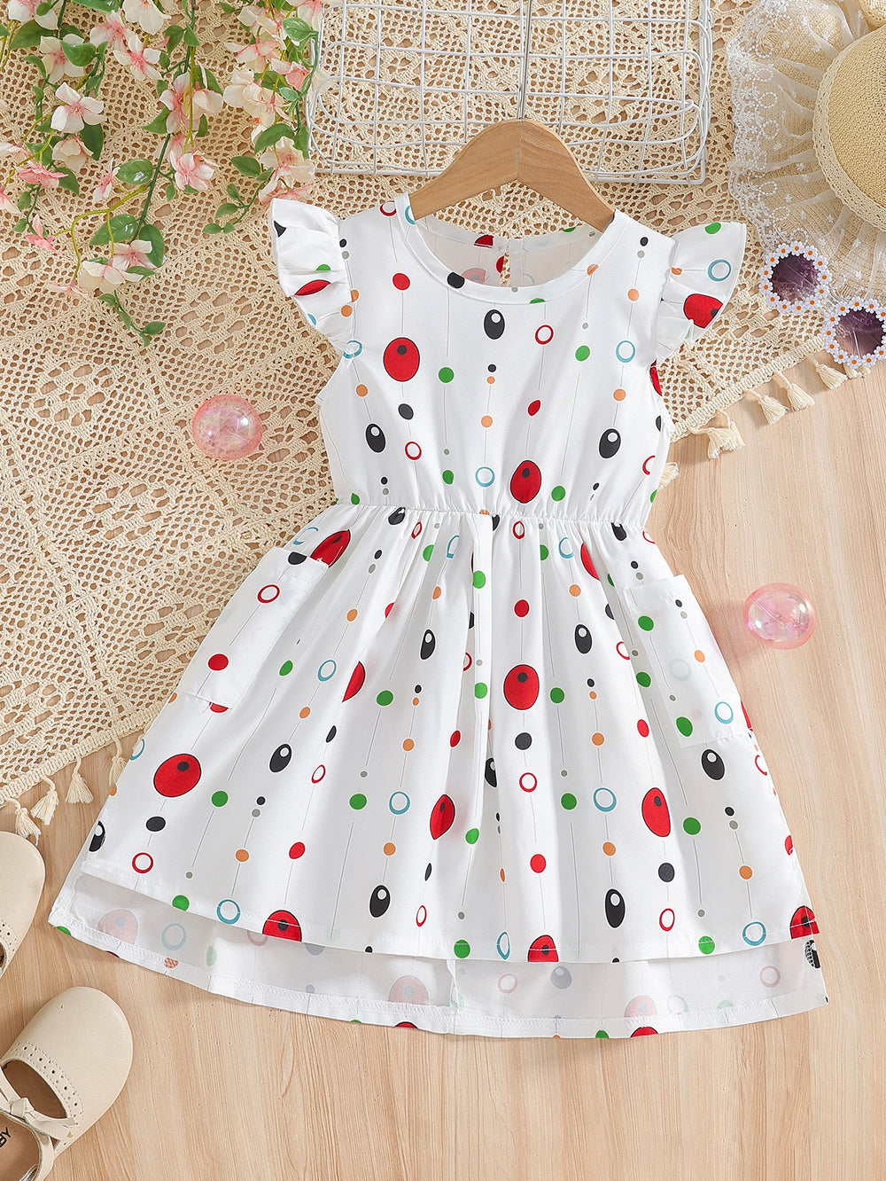 Girls' summer white flutter sleeve polka dot a-line dress - mid-to-large size, perfect for vacation, cross-border e-commerce, and kids' clothing