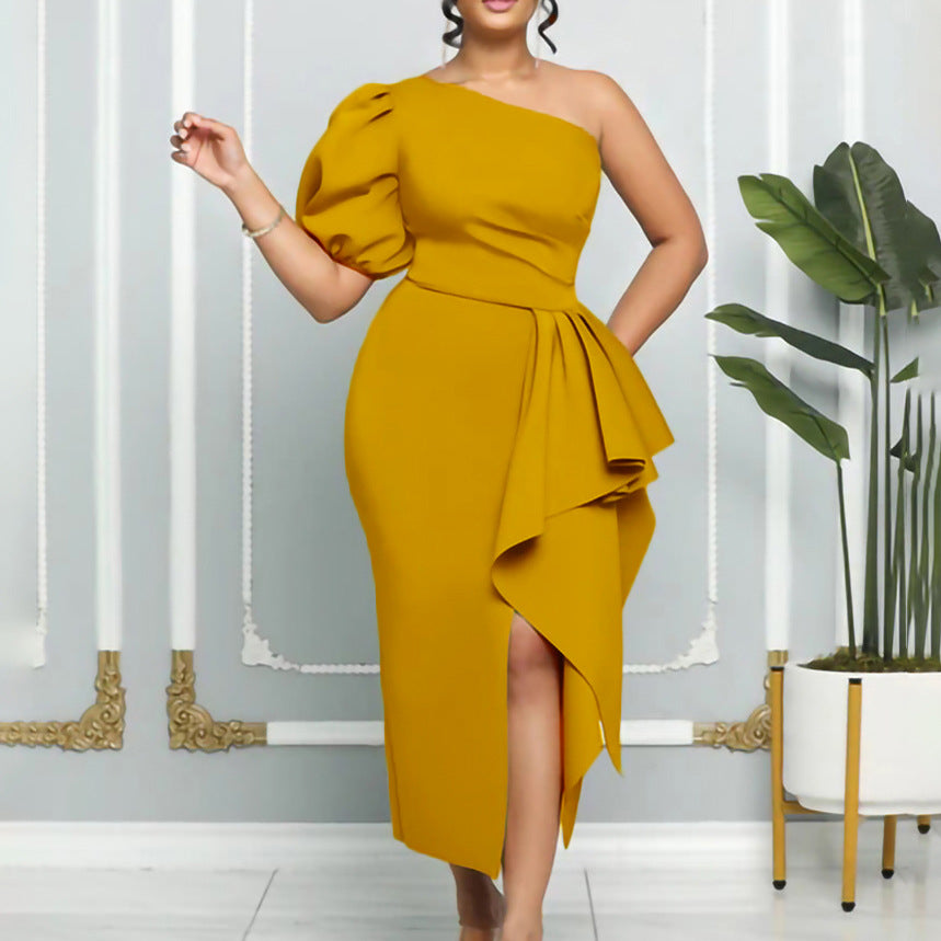European and american women's clothing  summer new arrivals: ol style elegant waist-cinching puff sleeve one-shoulder banquet slit dress, european and american style dress