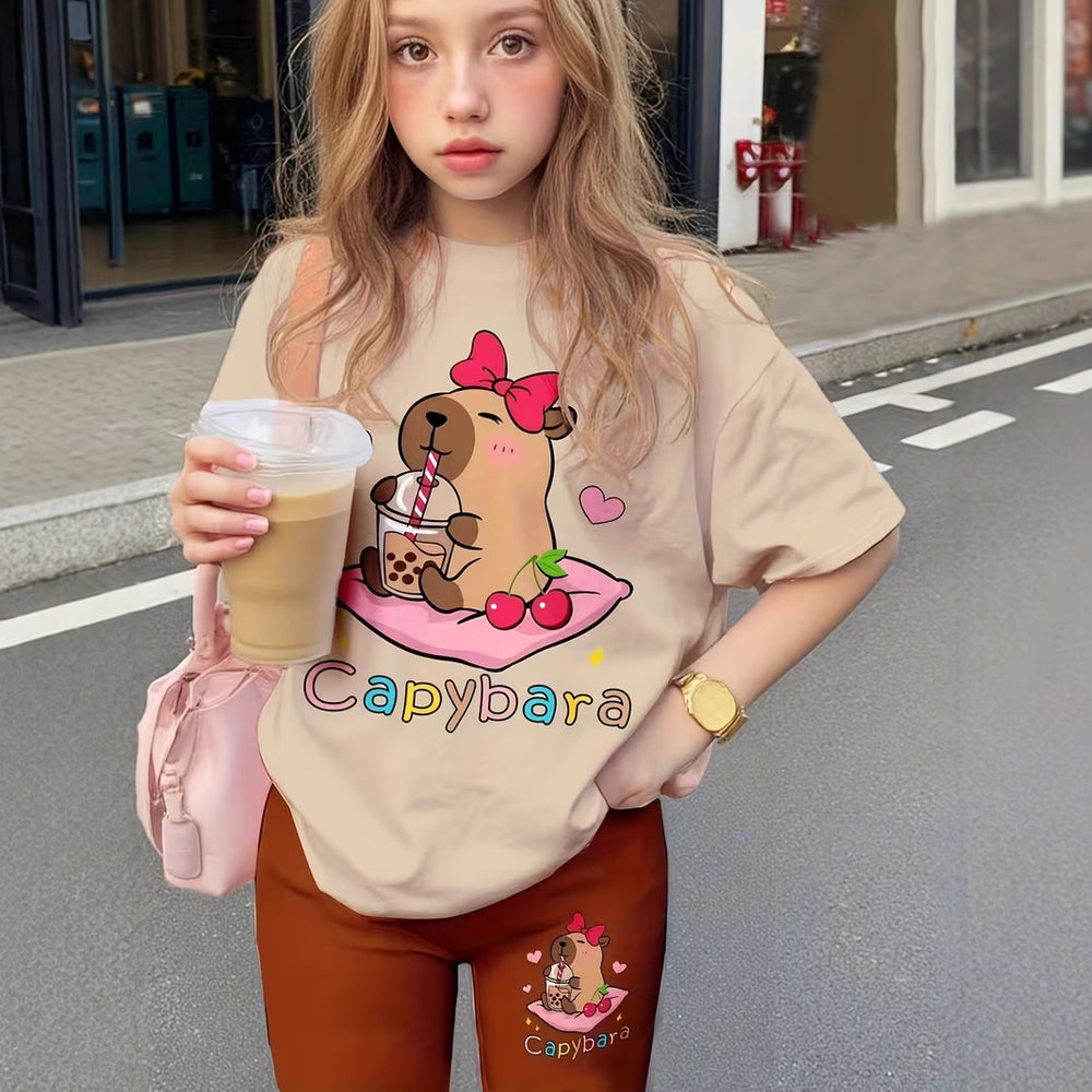 wholesale girls' short-sleeved and shorts sets, fashionable and versatile casual outfits for girls to wear out in spring, summer, and autumn