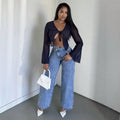 Fashionjeans women's light blue washed diagonal placket misaligned high waistloose pantsretrodrapedstraight-legmoppants