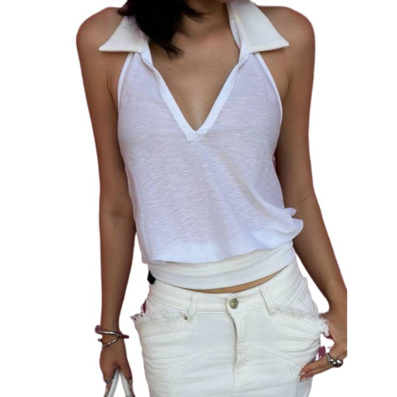 Amazon women's clothing  summer new slim-fit solid color v-neck cutout halter crop top vest