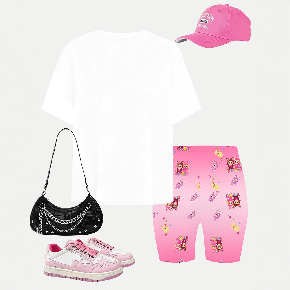 Girls' t-shirt and shorts set featuring a cartoon short-sleeve design and printed graphics, perfect for casual streetwear