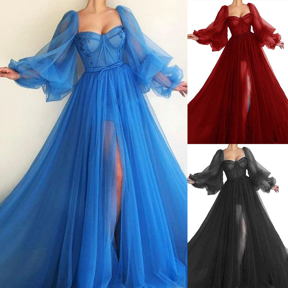 spring/summer new arrivals: european and american style one-shoulder mesh long-sleeve dress - wedding gown/large swing maxi dress