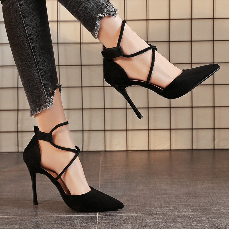 2025 summer european and american suede pointed-toe criss-cross ankle strap high heel sandals - women's sexy stiletto heels for banquets and nightclubs