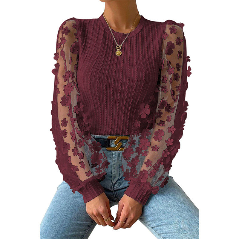 European and American  women's clothing, mesh floral chiffon shirt women's 2024 spring and summer round neck thin pullover long-sleeved top