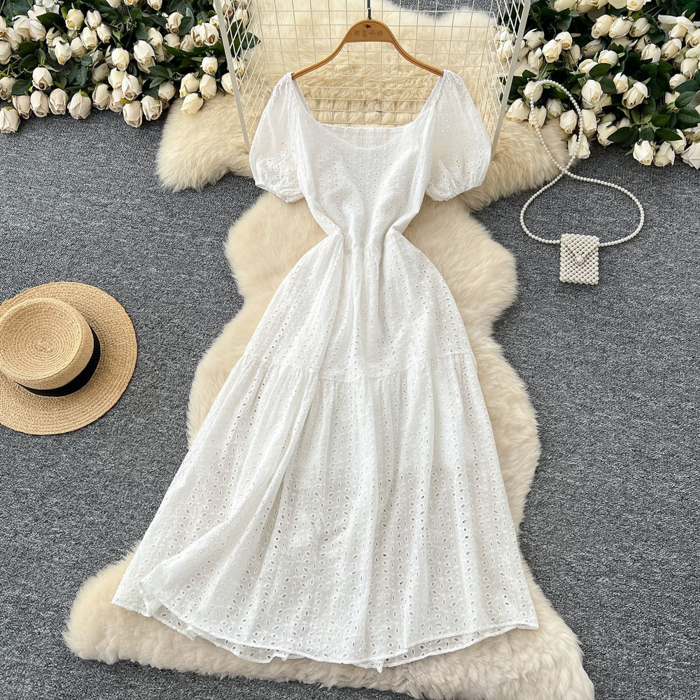 French chic embroidered cutout square neck puff sleeve dress - women's slimming, figure-flattering, elegant vacation maxi dress