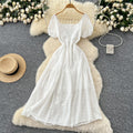 French chic embroidered cutout square neck puff sleeve dress - women's slimming, figure-flattering, elegant vacation maxi dress