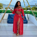 European and american women's clothing  autumn new sweet and fresh hollow-out bandeau lantern sleeve high-waisted slit maxi dress