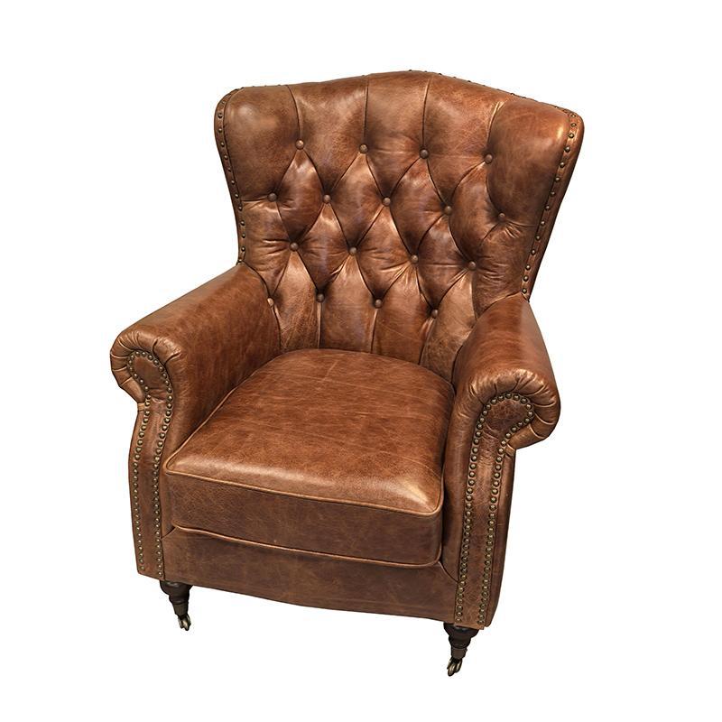 Vintage distressed american oil wax leather brown single armchair sofa high back button tufted hotel reception living room tiger chair