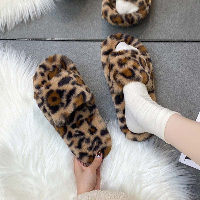 Trendy fuzzy slippers for women - winter fashion leopard print, home & outdoor wear, non-slip soft sole, plush warm one-strap cotton slippers