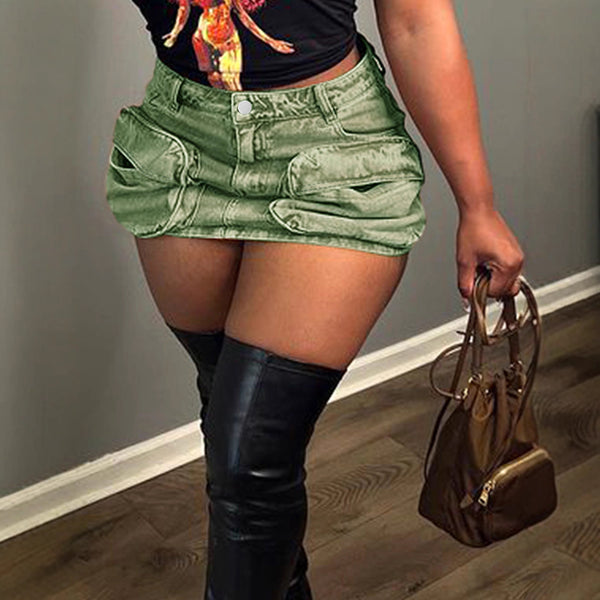 ATC70516 #European and American   Women's Bulletless Straight Sexy Tooling Pocket Denim Shorts