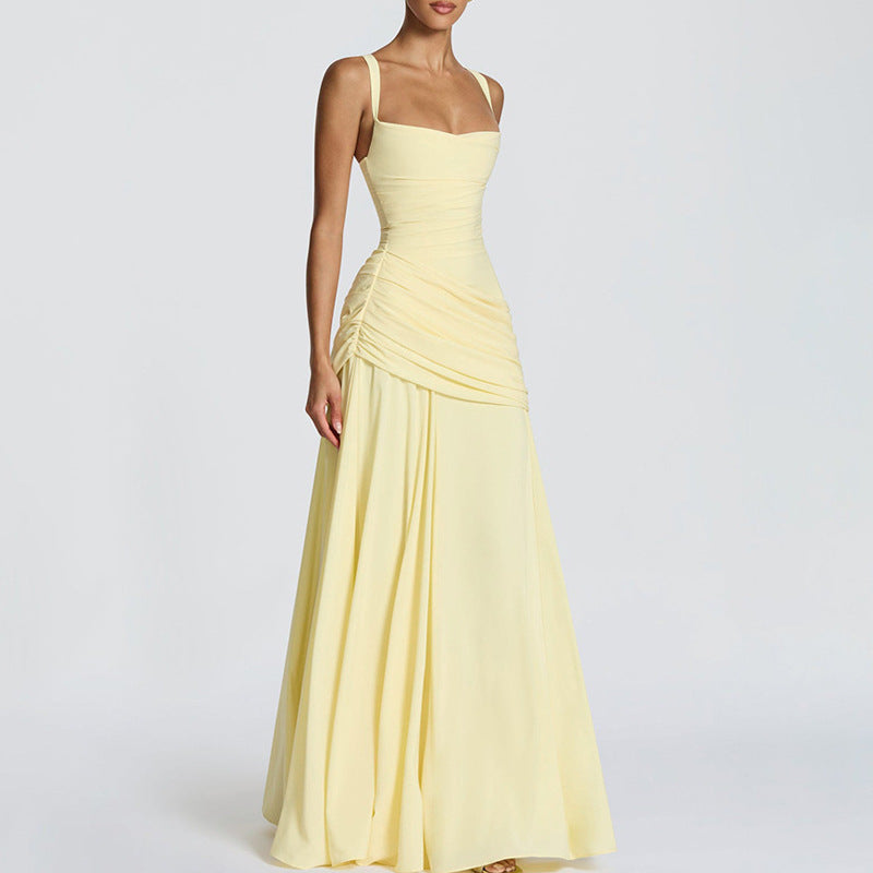european and american summer new arrival: cross-border women's fashion - elegant solid color sleeveless cinched waist swing dress with spaghetti straps