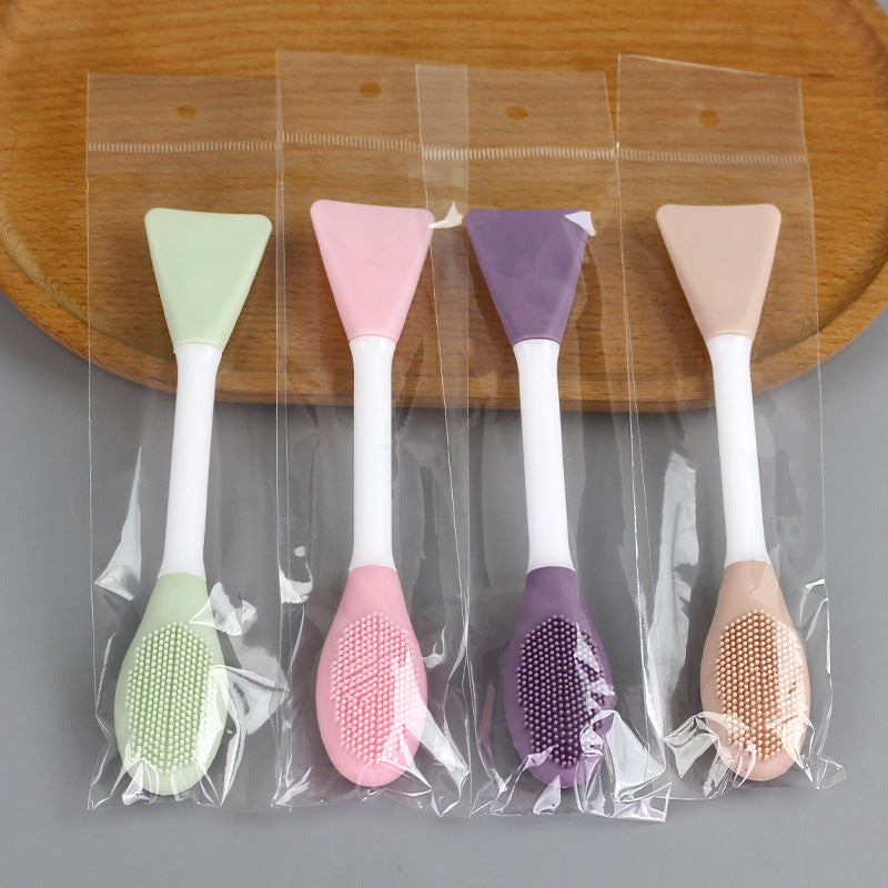 Dual-ended mask brush: silicone mask spatula with scraper head + facial cleansing brush for applying mud masks
