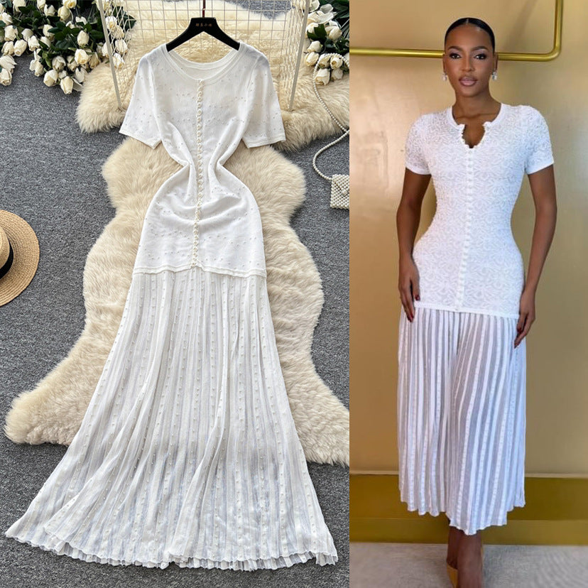 French style beaded knit dress - women's short sleeve high waist a-line dress - slimming, commute-friendly, elegant maxi dress