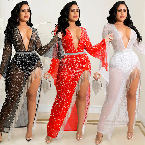 X5597  Fashion Sexy Nightclub Hot Drilling Deep V Wide Sleeves Irregularly Split Beard Long Dress Dress Women