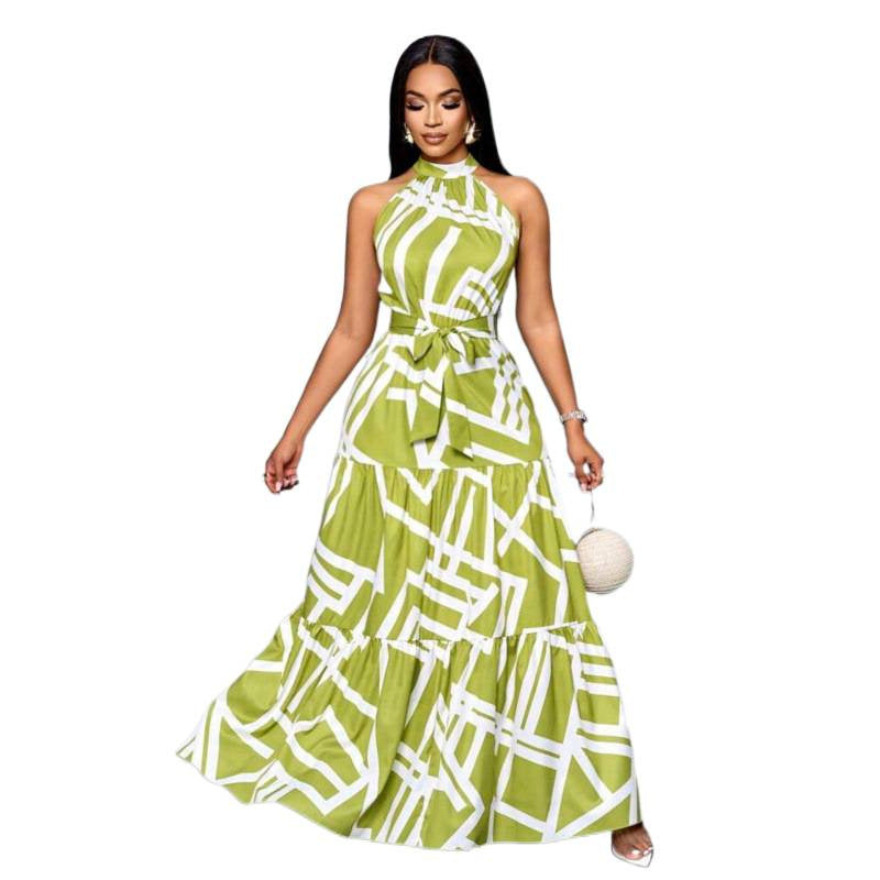 cross-border new women's elegant halter neck printed dress