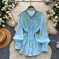 French chic beaded breathable blouse - women's summer long sleeve loose fit workwear white top with unique design