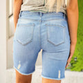 Fashionsummer buttoned half length denim shorts for women light blue ripped washed jeans raw edge stretch mid pants
