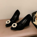 Plus size wedge heel single shoes for women, 2025 spring/autumn new collection, pearl black pointed toe high heels, women's suede fashion shoes