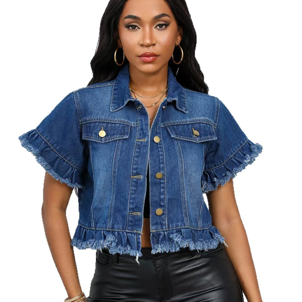 Amazon  cross-border fashion trendy turn-down collar washed fringe denim jacket shirt for summer (us/eu)