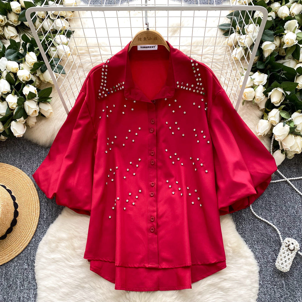 Imperial style, heavily embellished, rhinestone-adorned lantern sleeve single-breasted blouse - women's  summer loose fit, versatile, casual, european and american top