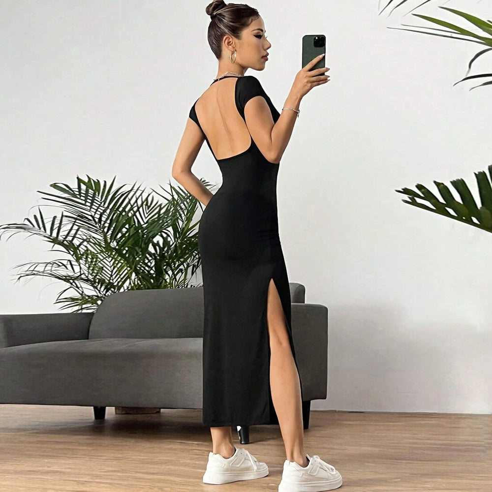European and american style women's elegant knitted sleeveless dress - new summer backless slit midi dress