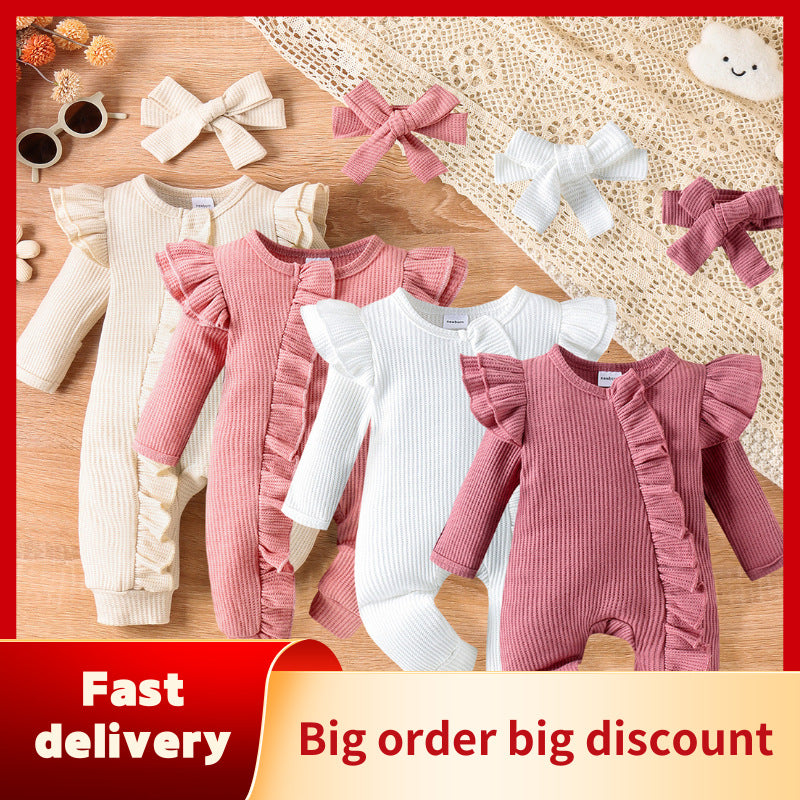 Children's clothingmulti-color flying sleeve waffle grids jumpsuit