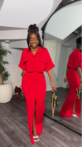 Amazon cross-border women's fashion  summer new arrival: lapel collar faux pocket shirt top & slim-fit slit midi skirt set