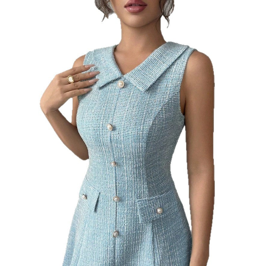 summer new arrival: round neck, single-breasted, slim-fit, versatile sleeveless dress