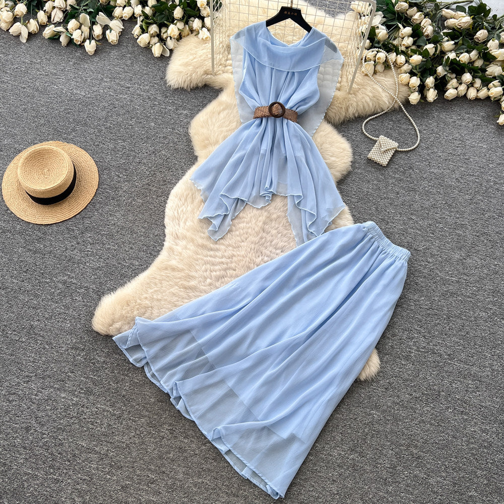 French chic halter top & high-waisted midi skirt set - women's work-ready, breathable mesh summer two-piece