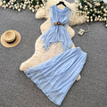 French chic halter top & high-waisted midi skirt set - women's work-ready, breathable mesh summer two-piece