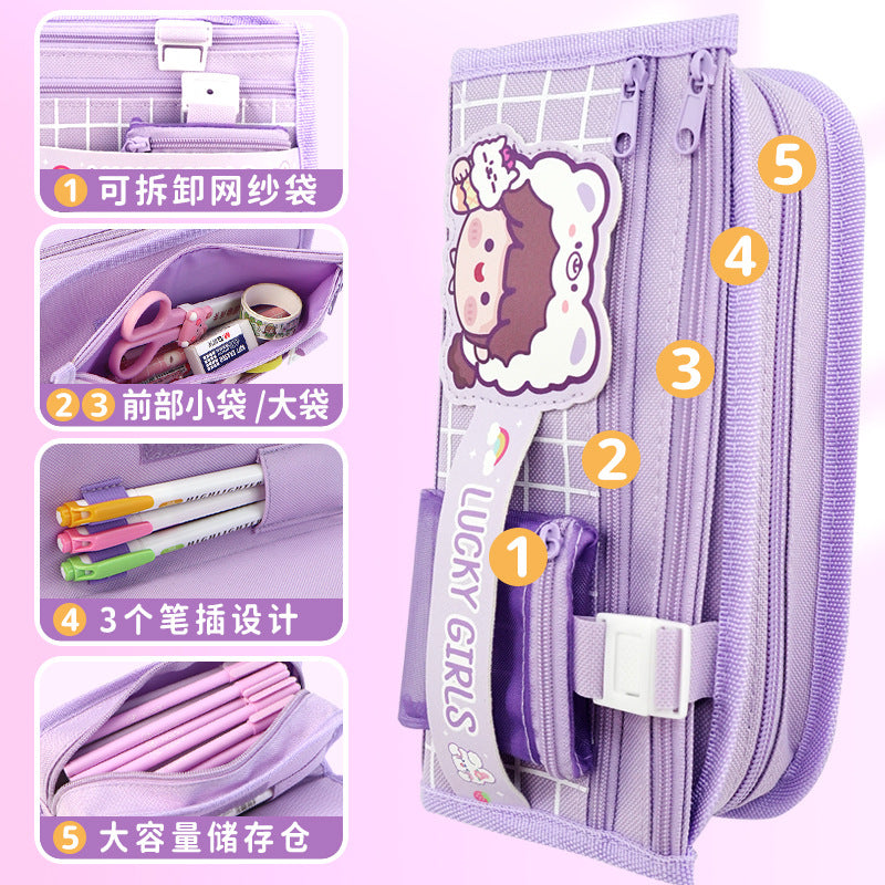 Multifunctional canvas pencil bag ins high value school pencil case multi-layer stationery box  primary school student stationery bag