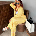 European and american cross-border women's clothing  spring/summer new arrival: casual loose-fit yellow striped shirt and pants two-piece set with turn-down collar