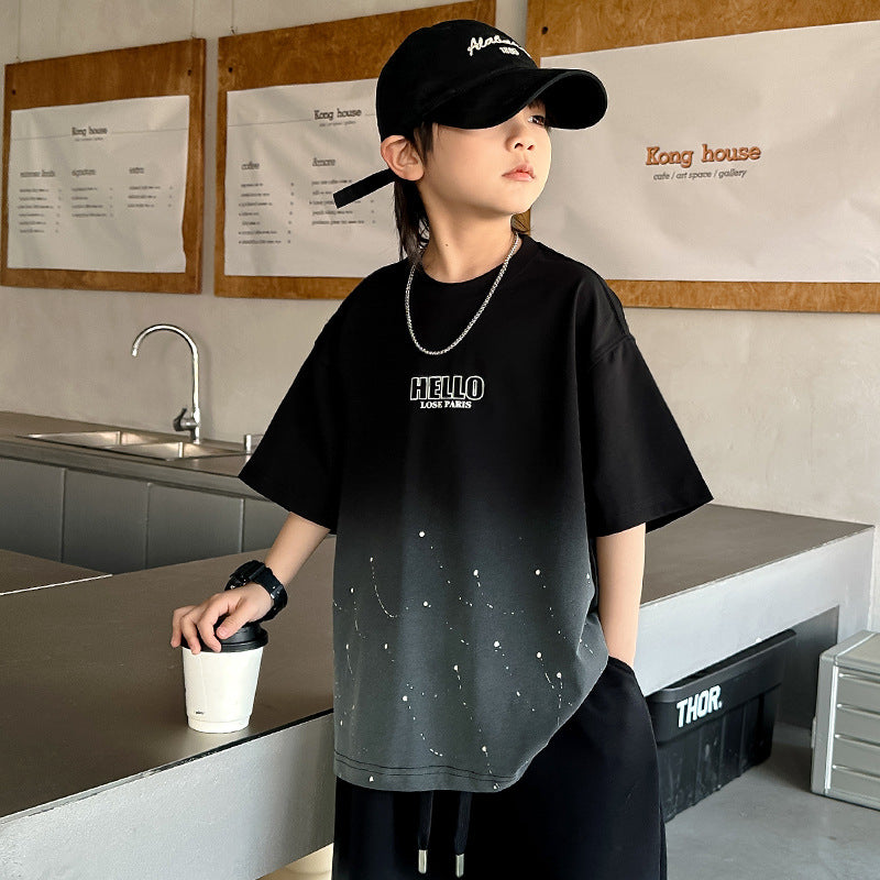 Boys'  summer starry sky casual short-sleeve t-shirt and shorts set - loose fit, round neck, trendy star pattern top