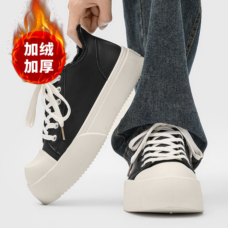Mickey mouse big head derby shoes for men - autumn chunky sole height increasing casual warm versatile sneakers - unique design fleece-lined leather shoes