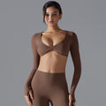 New women's activewear long sleeve top: deep v-neck, slim fit, breathable, trendy cropped yoga top for outdoor workouts