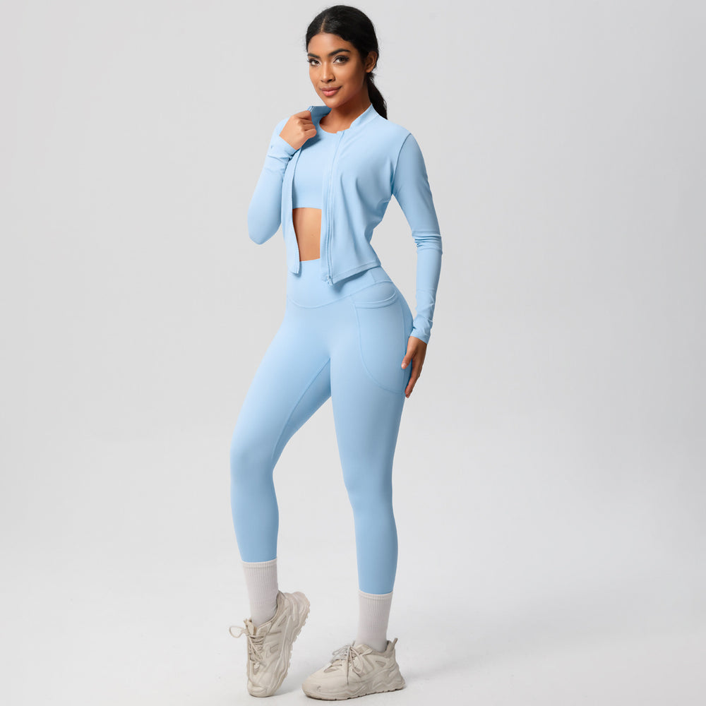 High-waisted, form-fitting, pocketed yoga set with a cropped, long-sleeved, cloud-feel, quick-drying running and fitness activewear three-piece set