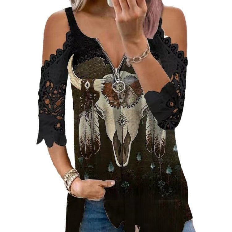 new spring/summer cross-border women's fashion: european and american style export top - camisole with cutout lace sleeves, knitted t-shirt for women