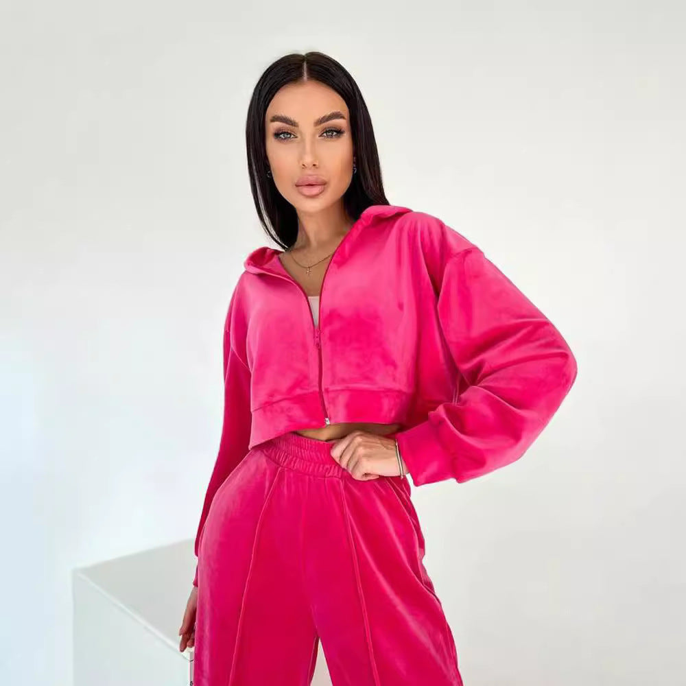 European and American new  suit fashion long-sleeved short hooded sweater cardigan trousers suit casual women's clothing