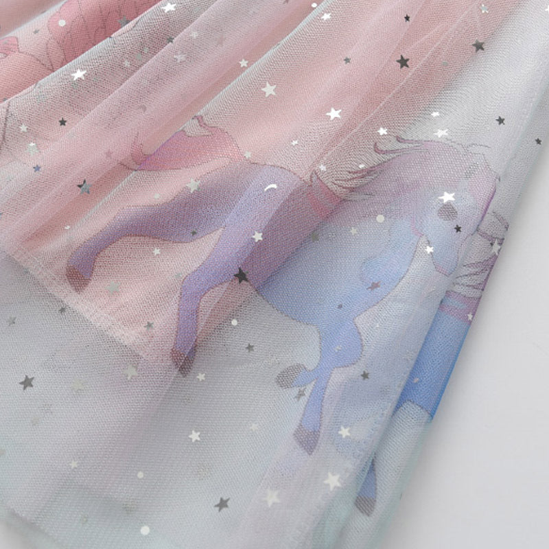 Summernew arrivalgirl star mesh gradient skirt cartoon flying pony printing princess skirt unicorn gauze skirt